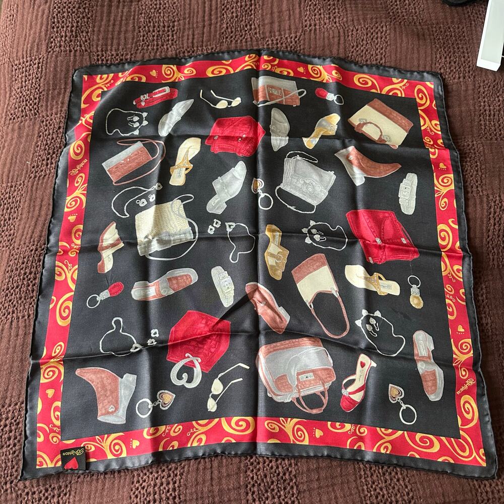 Brighton Vintage 100% Silk Black/Red Bags Shoes Accessories Shopping Motif Scarf - Picture 4 of 7